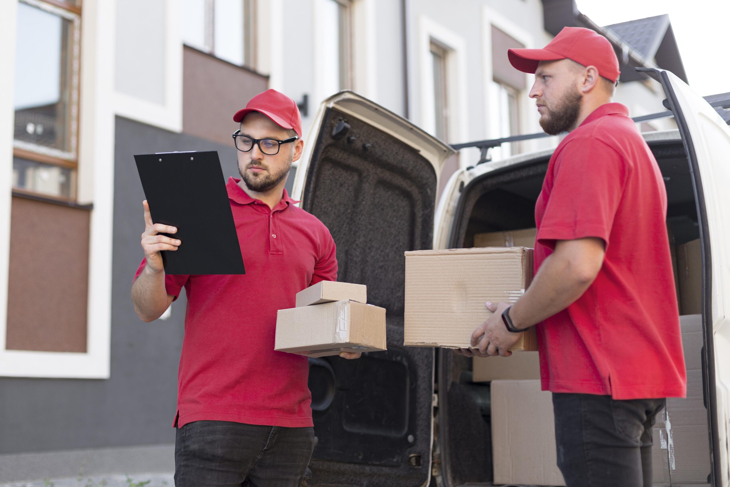front view delivery man with packagaes